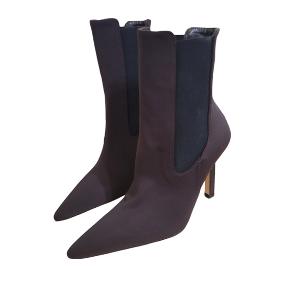 New Good American Leather Suede Pointed Stiletto Chelsea Booties 6.5 Brown - Picture 3 of 6